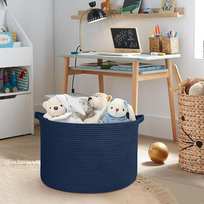 MEGASKET Dark Blue Basket for Organizing, 22" x 14" Extra Large Woven Cotton Rope Laundry Basket, Blanket Storage for Living Room Bedroom, Big Nursery Kids Toy Box Organizer, Pool Towel Storage Bin