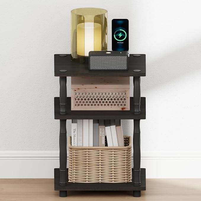 Furinno Turn-N-Tube Night Stand, 3-Tier Square Nightstand, Open Shelf Side Table, End Table with Classic Tube, for Living Room, Bedroom, Espresso