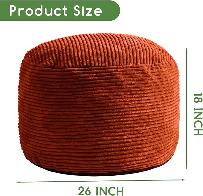 HIGOGOGO Round Stuffed Pouf Ottoman, Corduroy Poufs with Foam Chunk Filling, Furry and Fluffy Pouf Foot Stool Storage Ottoman, 26 X 18 Floor Poufs Foot Rest for Living Room, Terra Cotta