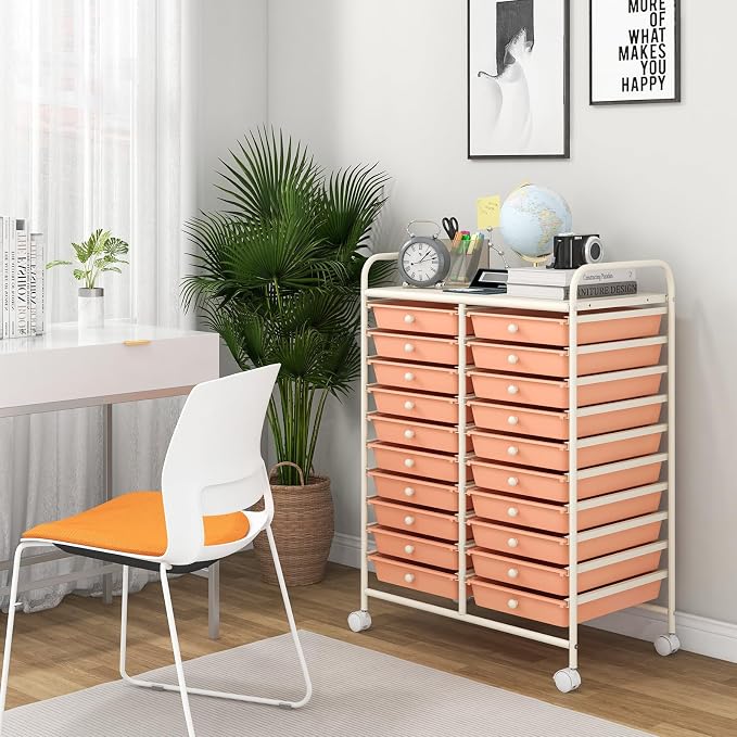 Giantex 20 Drawers Rolling Cart, Mobile Storage Drawer Cart, Classroom Organizer for Office School Supplies Tools Scrapbook Paper Craft Small Printer, Utility Stand on Wheels, Peach