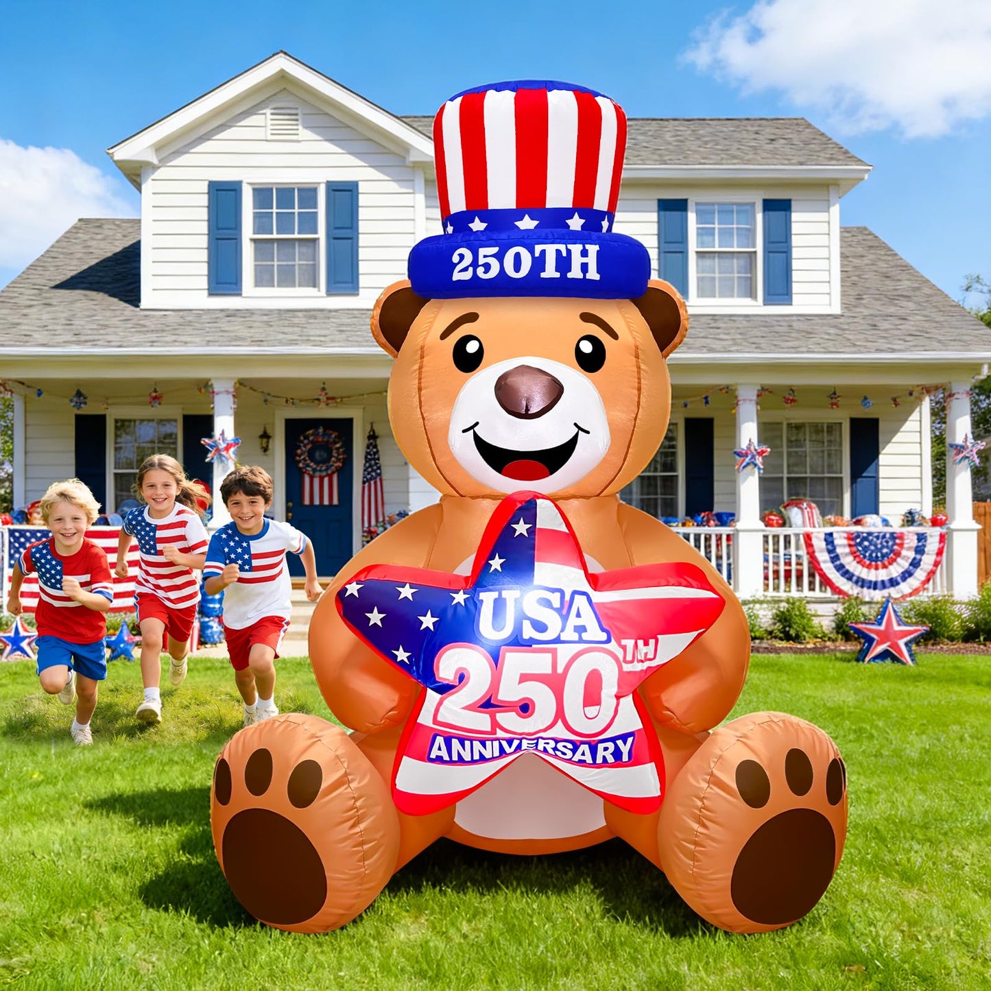 4 Ft Inflatable Uncle Sam Bear with USA 250th Anniversary Star Build-in LED Lights Blow up 4th of July Outdoor Decorations for Home Yard Lawn Garden Independence Day Memorial Day Decor