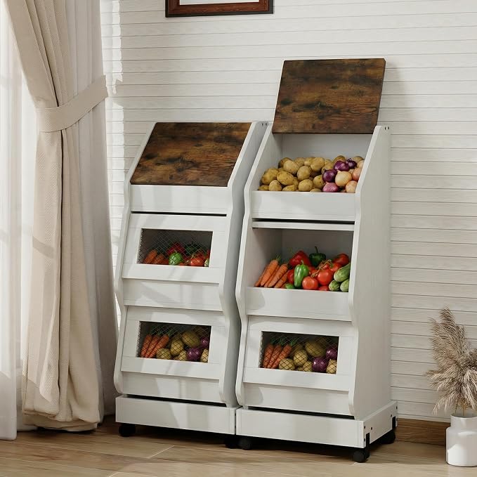 ARTETHYS Potato and Onion Storage Bin with Wheels Movable White Potato Box Holder for kitchen with Lid Onion Organizer with Grocery Section Decorative Vegetable Organization Cabinet