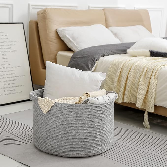 MEGASKET Extra Large Grey Storage Basket, 22" X 22" X 14" XXXL Blanket Basket for Living Room, Gray Wicker Woven Cotton Rope Baskets for Storage, Kids Toy Baskets Bins, Decorative Pillow Towel Basket