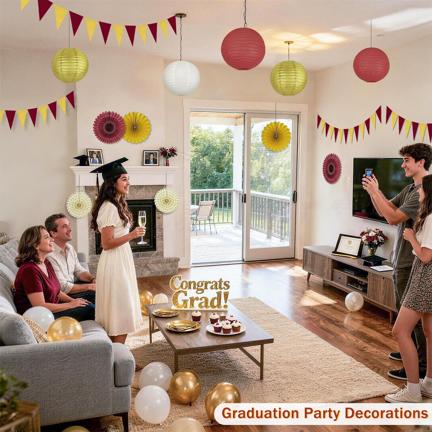 13 Pcs Maroon and Gold Party Decorations Set, Burgundy Gold Cream Hanging Paper Lanterns, Fans & Banner for Graduation Decorations 2026, Wine Party, Adult Birthday, Class Reunion