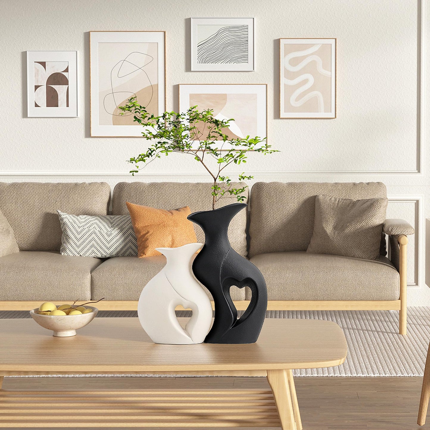 Black and White Vase Heart Shape Ceramic Vase Set of 2,Modern Boho Hollow Flower Vases,Nordic Aesthetic Decor,Decorative Vases for Room,Home Book Shelf,Fireplace,Table Decor