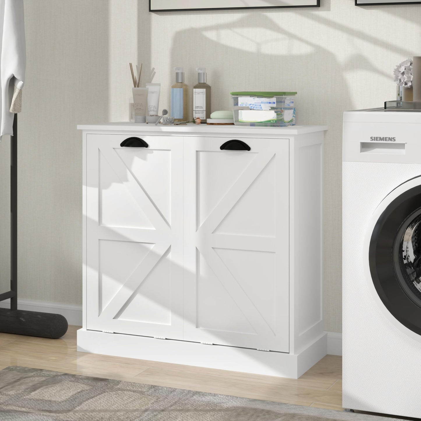 agnixnaf White Sorter Cabinet, Two-Compartment, Tilt-Out Laundry, Easy to Maintain, Storage Organizer for Living Room, Bedroom