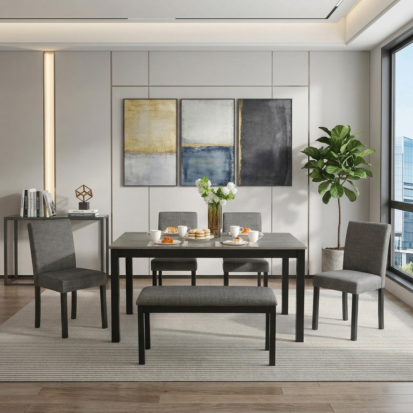 Casaphoria 6-Piece Dining Table Set with Bench and 4 Upholstered Chairs, Modern Wood Kitchen Table Set for 6, Rectangular Furniture for Dining Room, Home Gatherings, Light Grey & Black