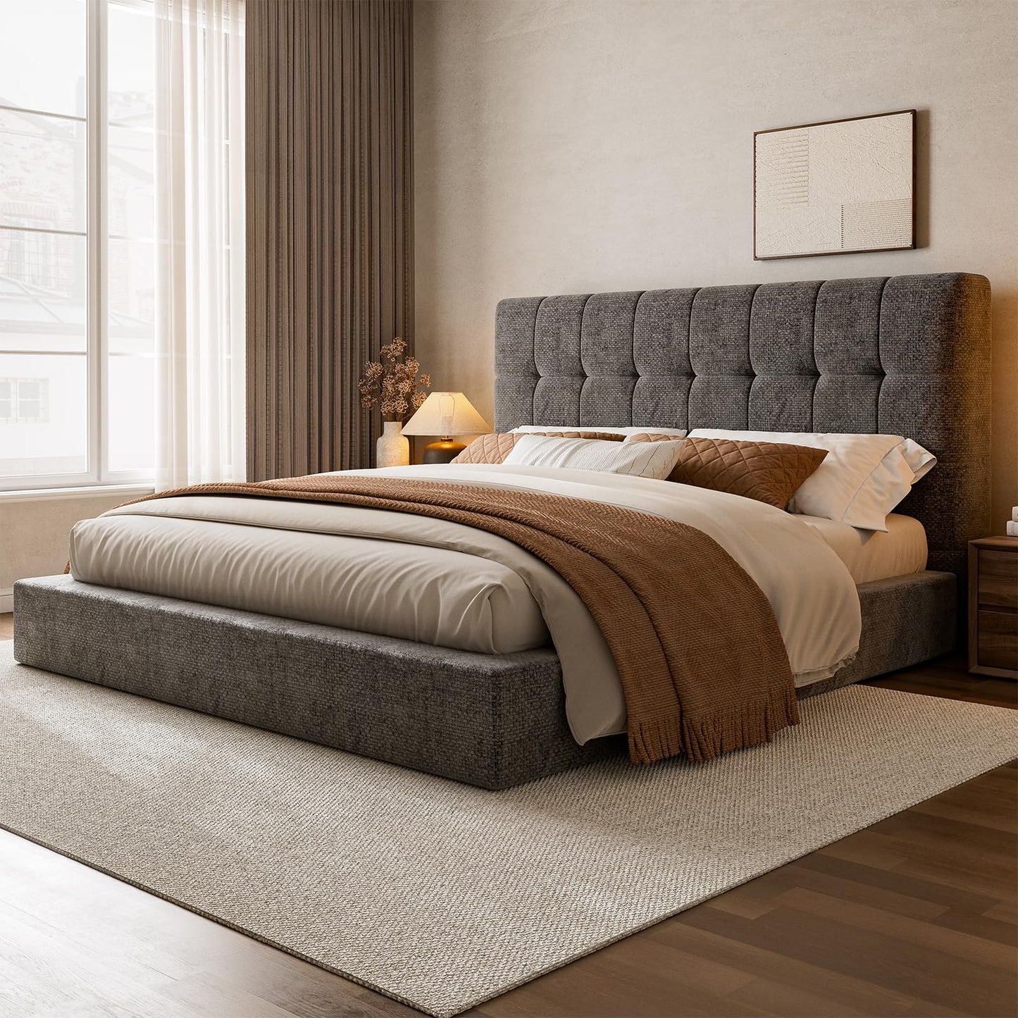 Queen Bed Frame with Headboard, Heavy Duty Upholstered Cloud Platform Bed with 2 Center Support Beams & Crossbar, 5.9" Thickened Foam for Safety, No Box Spring Needed, Easy Click‑In Assembly, Grey