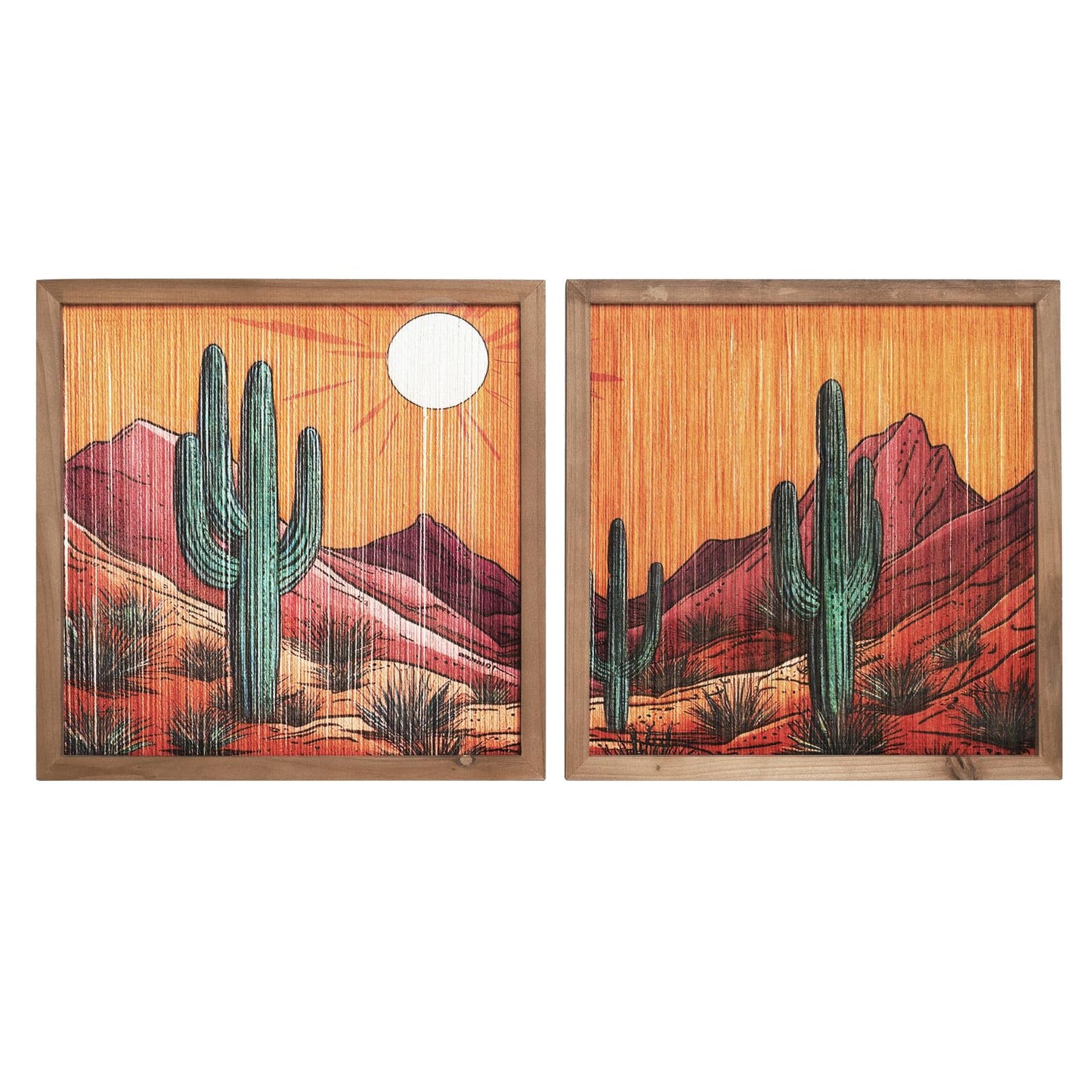 flangairy Desert Wall Art, 2 Pcs Wooden Arizona Western Cactus Landscape, Southwestern Living Dining Room Bedroom Home Decor, Tassel String Artwork