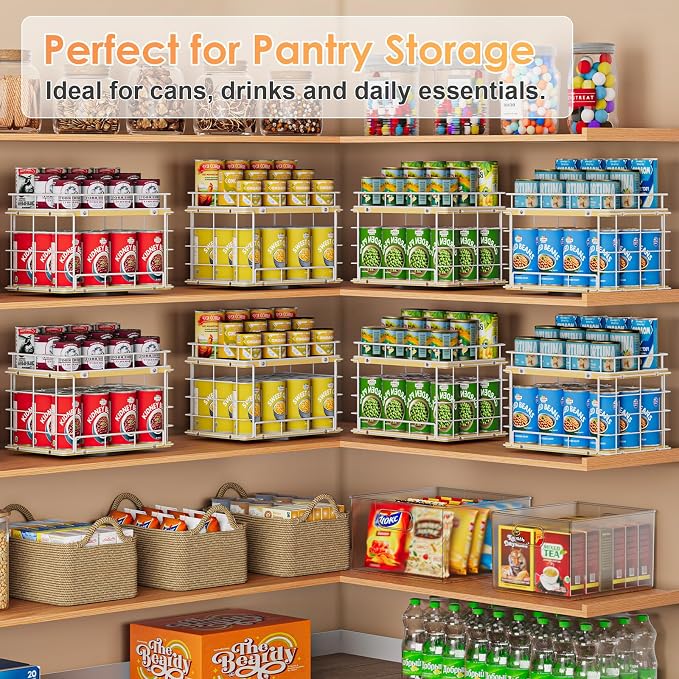 360° Lazy Susan Can Organizer, 2-Tier Rotating Metal Wire Wood Can Rack Holder, Kitchen Pantry Cabinet Countertop Turntable Storage Shelf, Hold 26 Soda Cans Food Beverage Cans Organizer, White