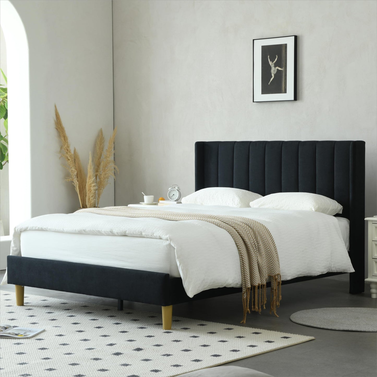 YUHUASHI upholstered Platform Bed Frame/Full Bed Frame/Modern Geometric Double-Wing Design headboard/Linen Fabric/Easy to Assemble no Noise (Black, Full)