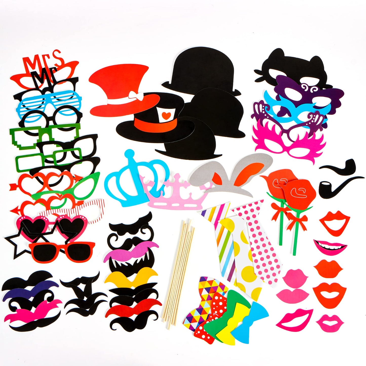 Joyin Toy Photo Booth Props 66 Pieces，Multicolor Kit for Graduation Wedding Party Supplies Favors，with Stick, Hats, Glasses, Mouth, Bowler, Bowties