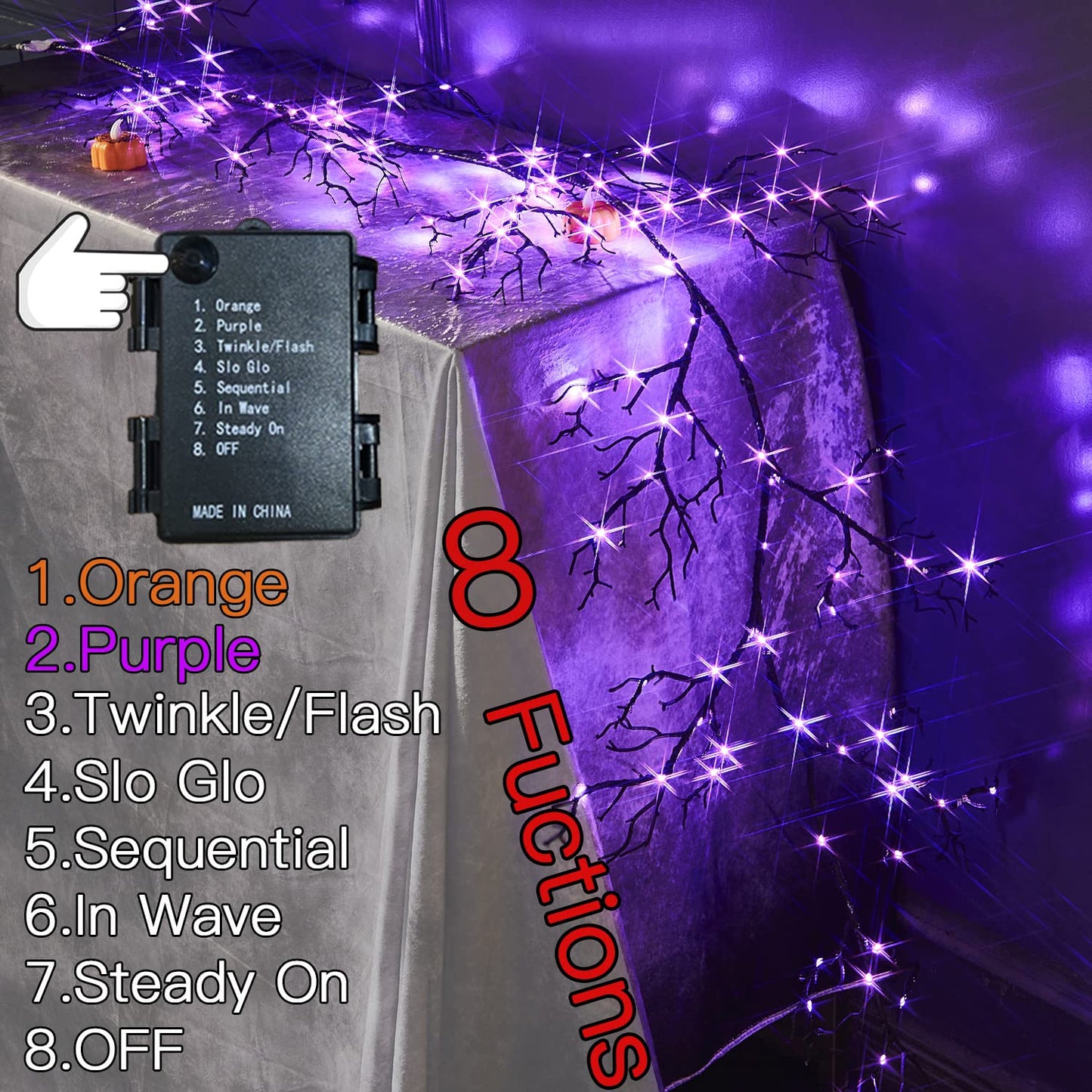Fudios Lighted Halloween Garland with 120 Orange and Purple LED Fairy Lights for Mantle, Halloween Black Garland with Lights 8 Functios Battery Operated 6FT Indoor Outdoor Home Wall Decoration