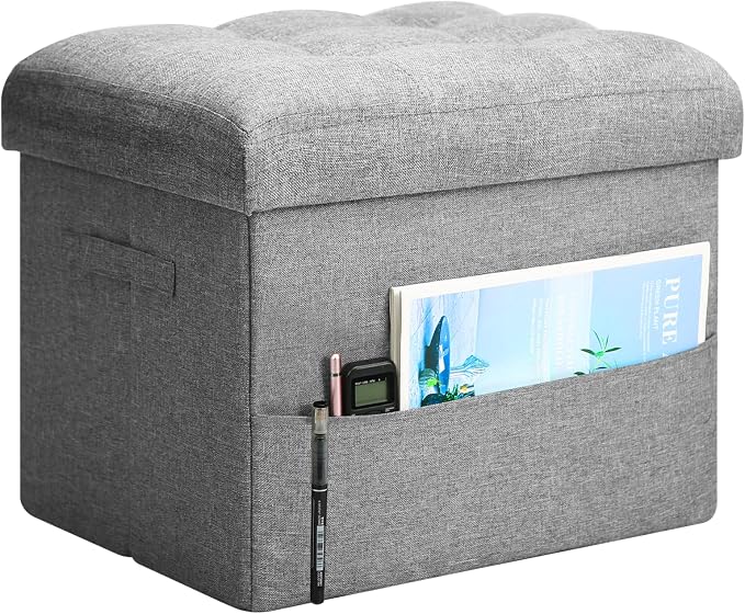 BelugaHelper Storage Ottoman Foot Rest, Folding Linen Foot Stool with Thicker Foam Padded Seat. Small Ottoman with Storage Bench for Bedroom Living Room, Holds Up to 300 lbs, 17x13x13IN (Light Gray)