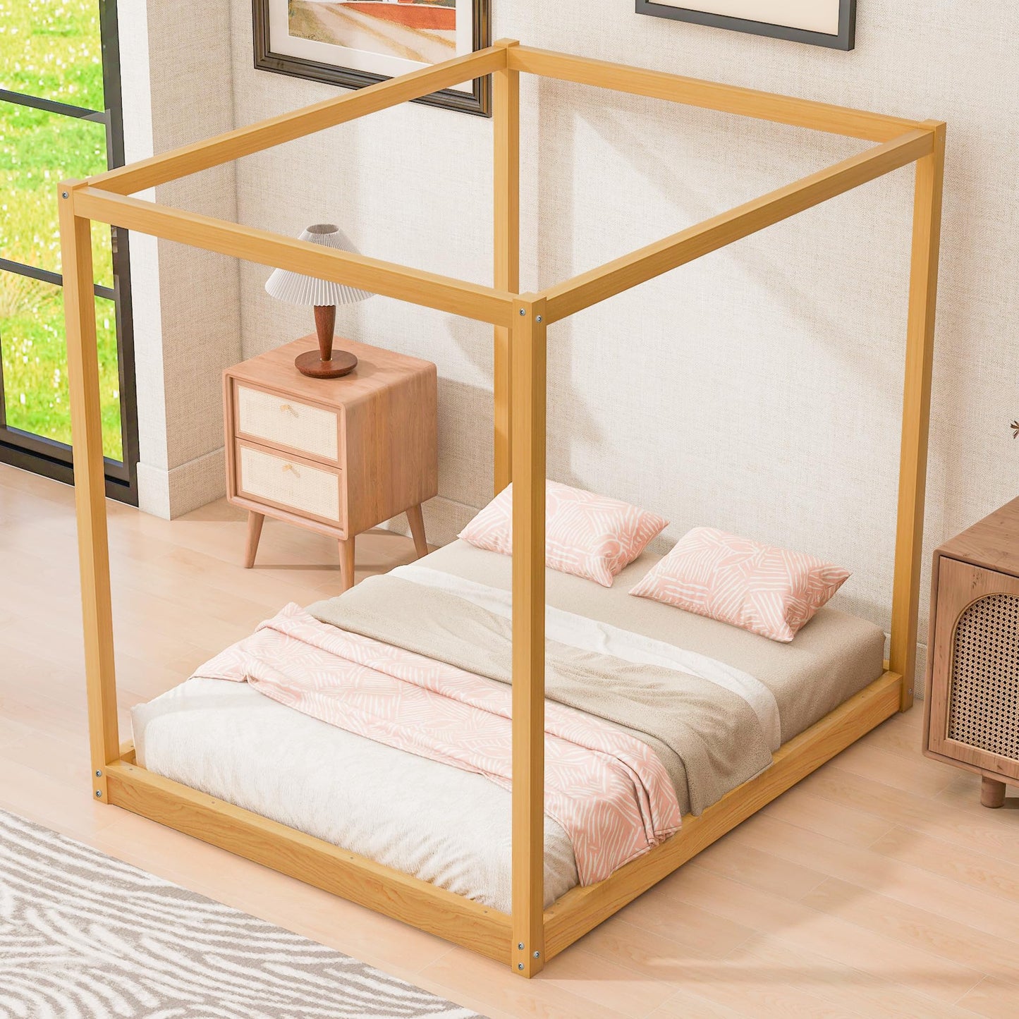 Queen Bed Frame with Canopy Legs, Wood Platform, Wooden Slats Support, No Box Spring Needed
