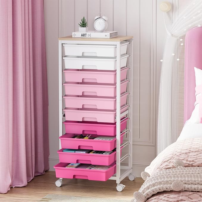 SYKIARIOL Rolling Cart with Drawers,10 Drawer Rolling Cart,Storage Cart,Utility Cart,Teacher Cart for Classroom Storage,Craft Cart with Wheels and Wooden Tabletop,Pink