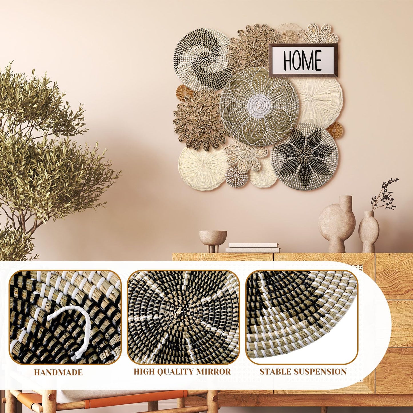 Xuhal 15 Pcs Boho Wall Basket Decor Handcrafted Seagrass Woven Wall Basket Rustic Round Woven Hanging Art for Home Farmhouse Kitchen Table Living Room(Elegant Style)
