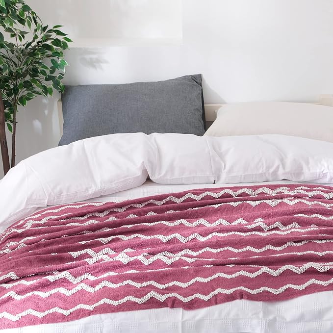 BOURINA Fluffy Chenille Knitted Fringe Throw Blanket Lightweight Soft Cozy for Bed Sofa Chair Throw Blankets Rose Wine 50" x 60"