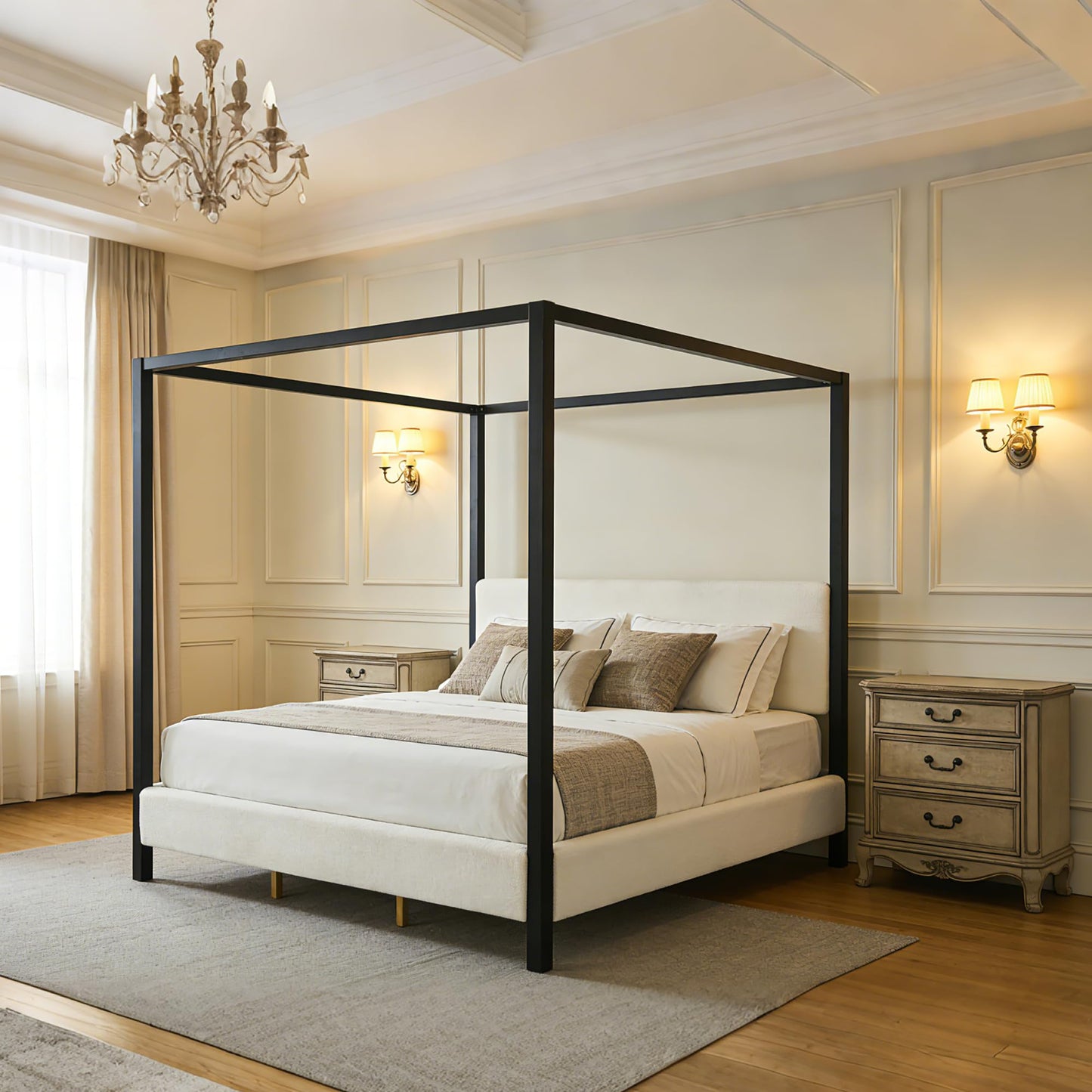 Merax King Size Modern Canopy Bed Frame, Merax Black Metal Platform Bed with Bouclé Upholstered Headboard, Four-Poster Design Wooden Slats Support Bedroom Bed Frame
