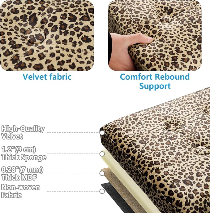 AmasSmile Storage Ottoman Folding Foot Rest Stool with Side Pocket, 17 inch Velvet Footstool Bench, Short Ottoman Bench, Storage Foot Rest Store, Blanket Chest, Leopard Print 2 Pack