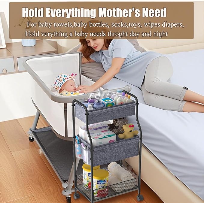3-Tier Baby Diaper Caddy Organizer and Storage Cart, Mobile Metal Utility Cart with Rolling Wheels for Nursery Essentials with 4+2 Dividers, Large Capacity Rolling Cart For Bedroom, Bathroom, Nursery