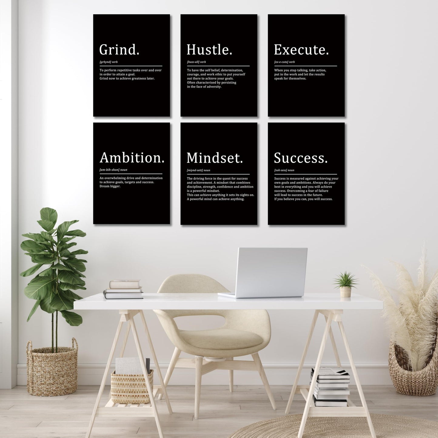 COSCTOR Set of 6 Grind Hustle Execute Ambition Mindset Success Motivational Wall Art Picture Decor Canvas Framed for Office Bedroom Inspirational Home Posters Paintings Ready to Hang(Framed,9x12)