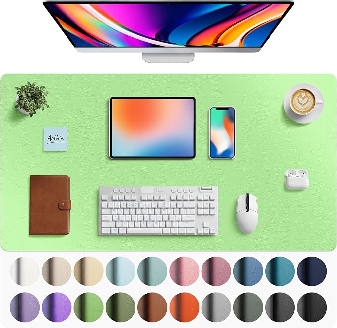 Aothia Faux Leather Desk Mat - Large Mouse Pad, Non-Slip PU Leather Blotter, Waterproof Writing Surface for Office and Home (Foam Green, 40" x 24")