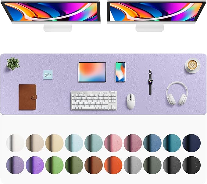 Aothia Faux Leather Desk Mat - Large Mouse Pad, Non-Slip PU Leather Blotter, Waterproof Writing Surface for Office and Home (Lavender, 63" x 17")