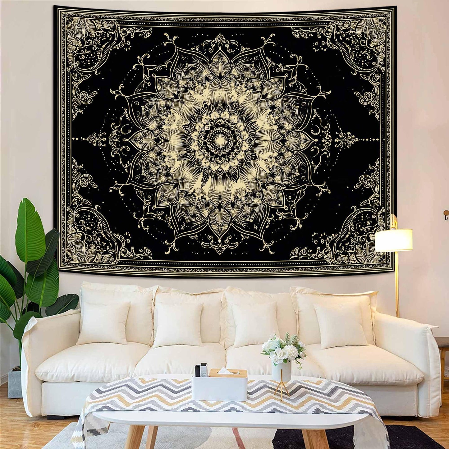 Wegklazax Golden Outline Mandala Tapestry, Intricate Floral Wall Art for Room Decor, Elegant Black and Gold Aesthetic Home Decor 60" L x 44" W