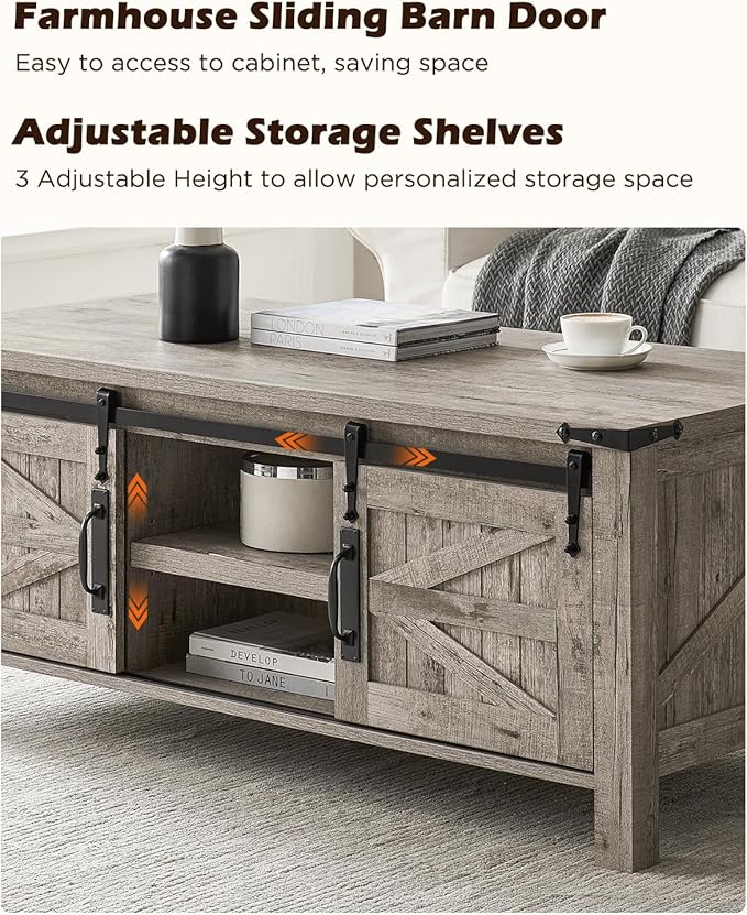 OKD 48" Farmhouse Lift Top Coffee Table with Sliding Barn Door,Rustic Center Table w/Hidden Storage Compartment, Lift Tabletop Dining Table w/Adjustable Shelf for Living Room,Light Rustic Oak