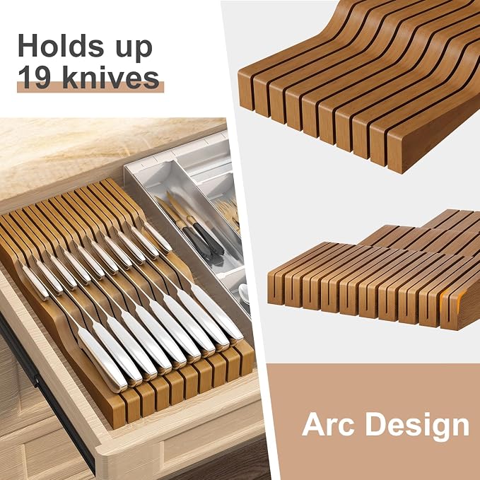 In-Drawer Knife Block Organizer - Bamboo Wood Drawer Knife Organizer-Protecting Knife Organizer Block (Not Included) (Brown, 19 Knives Dock)