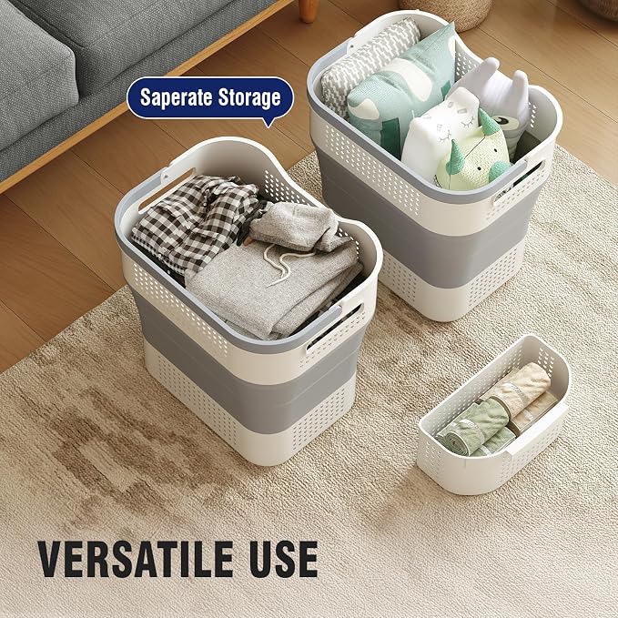 TECHMILLY Collapsible Plastic Laundry Basket Hamper with Handles, 35L Portable Rubber Clothes Basket, Pop Up Storage Container/Organizer with Hanging basket for Washing & Storage, Grey