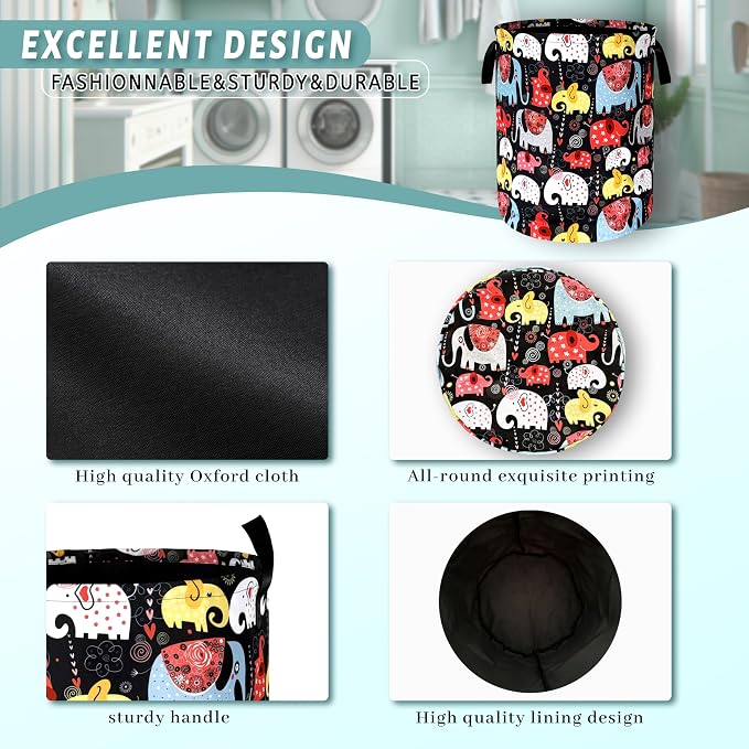 Colorful Elephant Laundry Basket Foldable With Handles Boho Animal Tote Bag Oxford Cloth Funny Laundry Hamper Clothes Storage Bucket Toy Organizer 18.9"x16.5" For Bathroom/Laundry/Bedroom