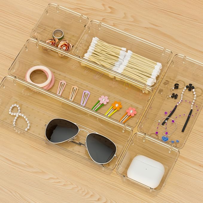WOWBOX 9 Pack Clear Drawer Organizer Set, Acrylic Drawer Storage Trays, Storage Bins for Makeup, Cosmetics, Jewelries, Utensils, Gadgets, Office, Champagne
