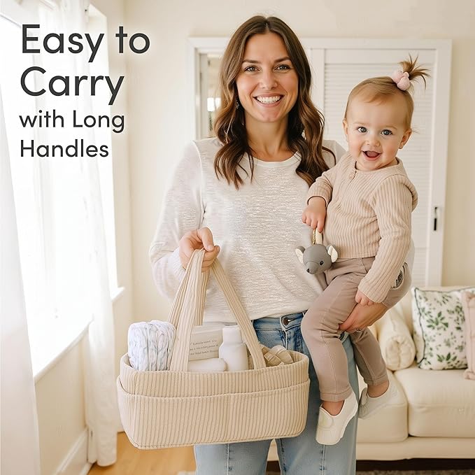 PUTSKA Baby Diaper Caddy Organizer for Changing Table – Stylish Nursery Storage Basket, Newborn Essentials, Baby Shower Gifts and Registry Must-Haves for Boy or Girl, Car Diaper Caddy, Corduroy Cream