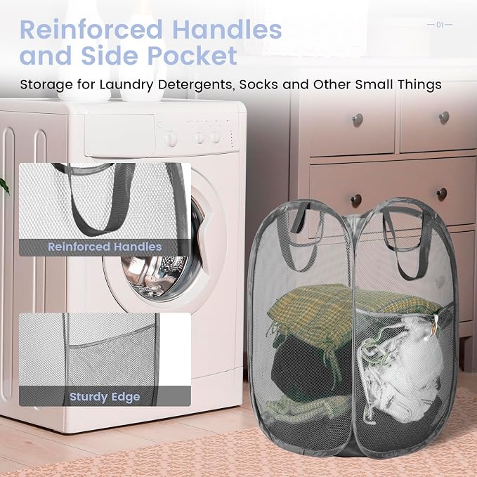 Strong Mesh Pop-up Laundry Hamper,HOUSE AGAIN Quality Pop Up Hampers for Laundry with Durable Handles Solid Bottom High Carbon Steel Frame, Easy to Open and Fold for Storage(Grey)
