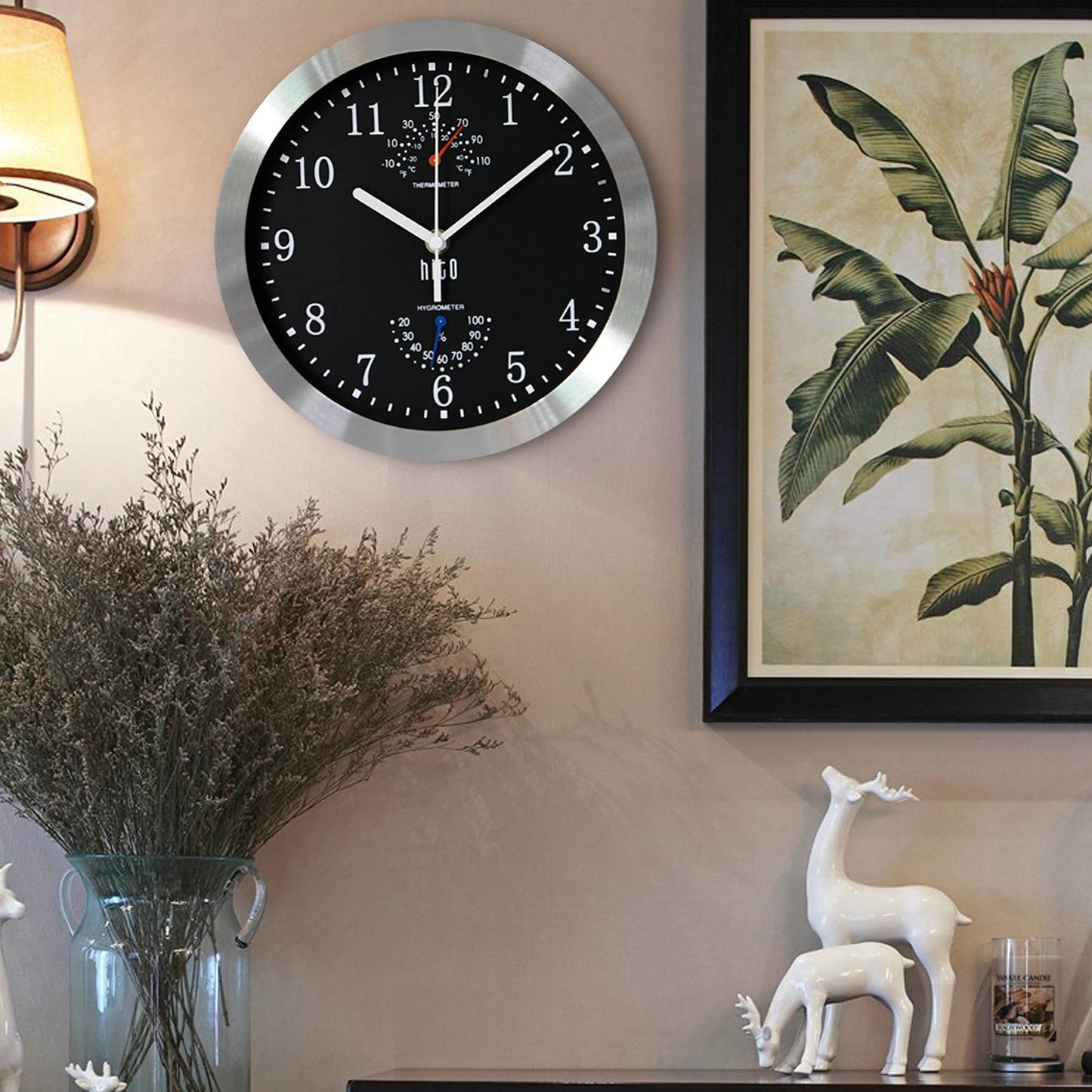 HITO 10 Inch Silent Wall Clock Battery Operated Non Ticking Glass Cover Silver Aluminum Frame, for Kitchen, Bedroom, Home Office, Living Room Decor (Black)