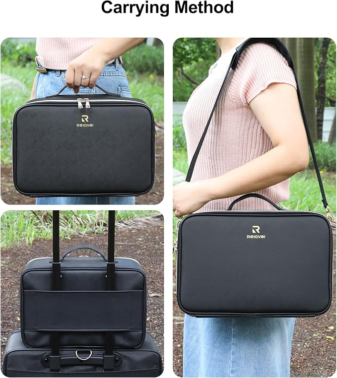 Relavel Makeup Train Case With LED Mirror, Professional Travel Cosmetic Bag with Removable Partitions,Compact Makeup Organizer, Waterproof Toiletry Case for Women, Black
