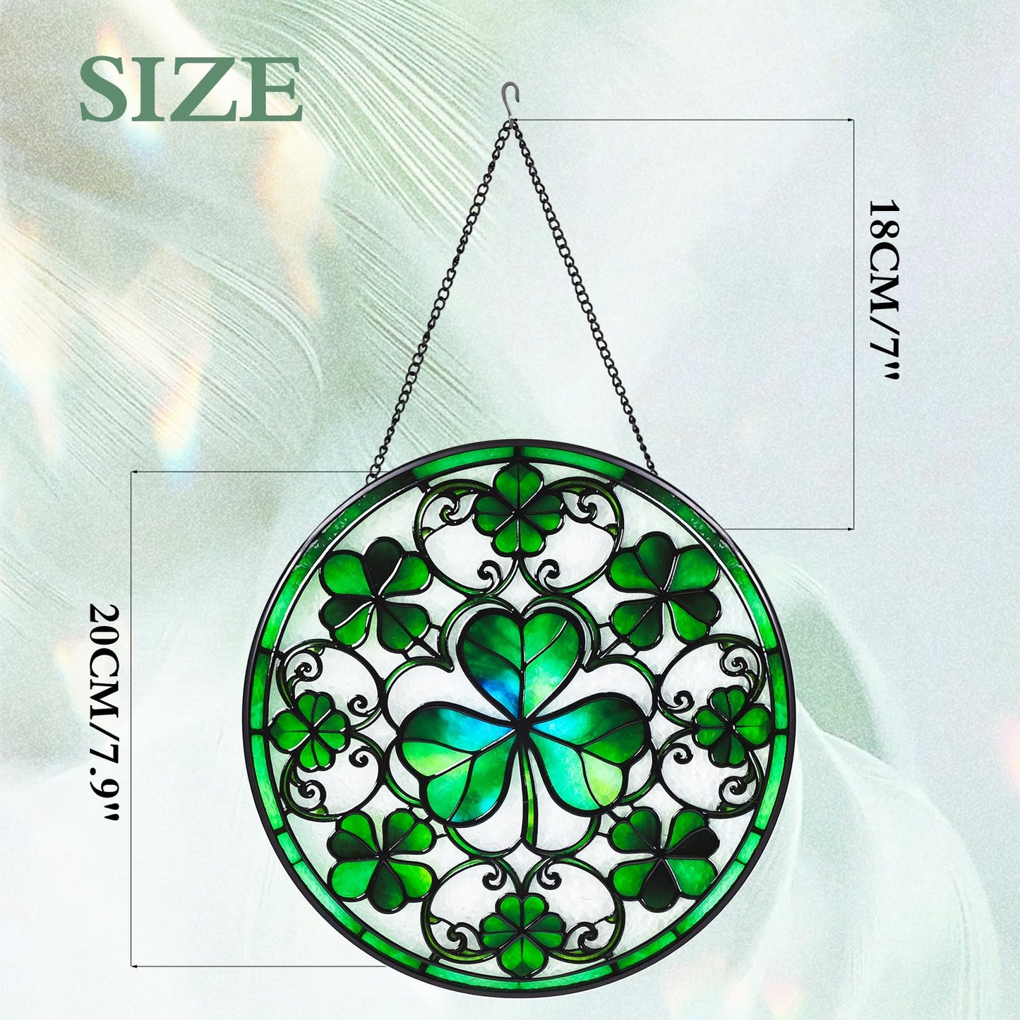 Wkyqes Ireland Green Lucky Clover Stained Glass Window Hanging Suncatcher with Chain - 7.9" Irish Shamrock Outdoor/Indoor Art Decor for Home Garden, St. Patrick's Day, Mother's,Ornaments Present