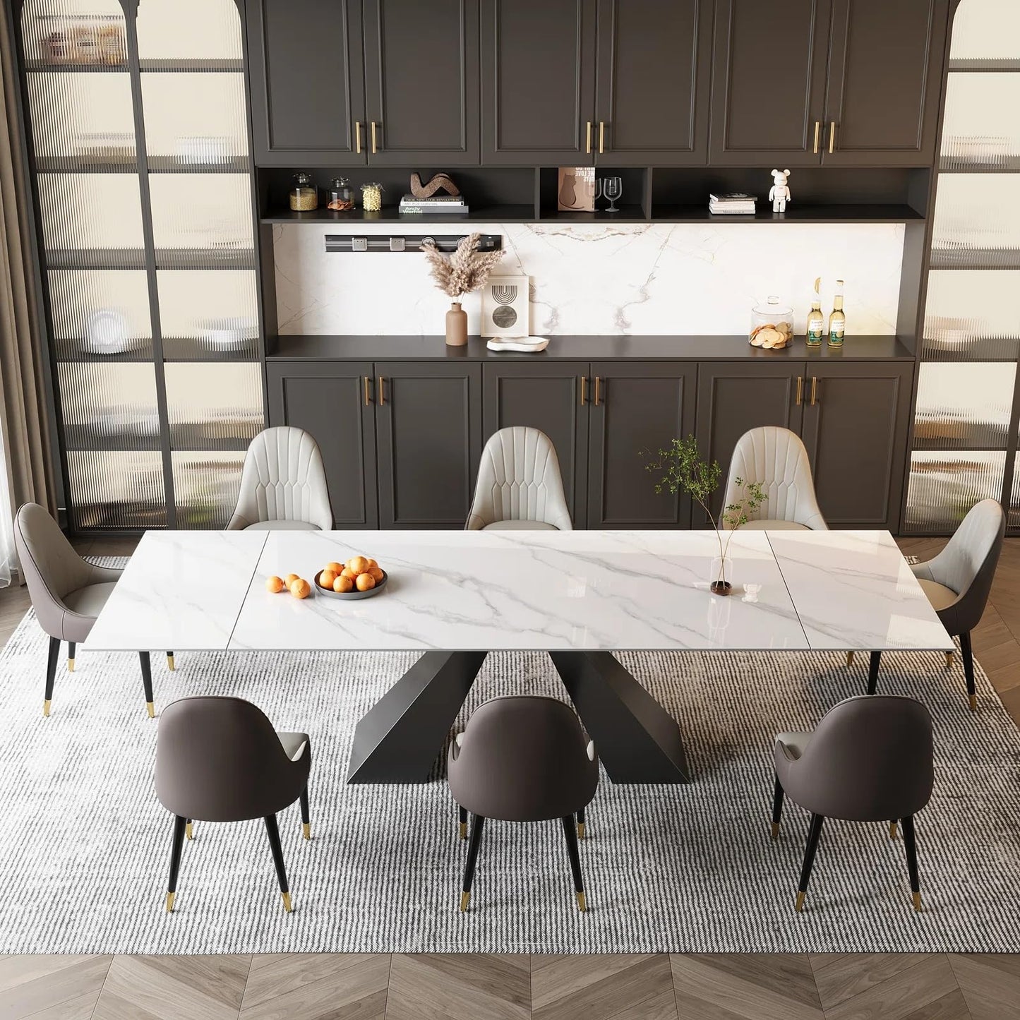 Trroec Marble Expandable Table for 8-12 People, 78.74-110.24 Inch Adjustable Length, Heat Resistant Scratch-Resistant Sintered Stone Table Top for Kitchen Dining Room Family Party