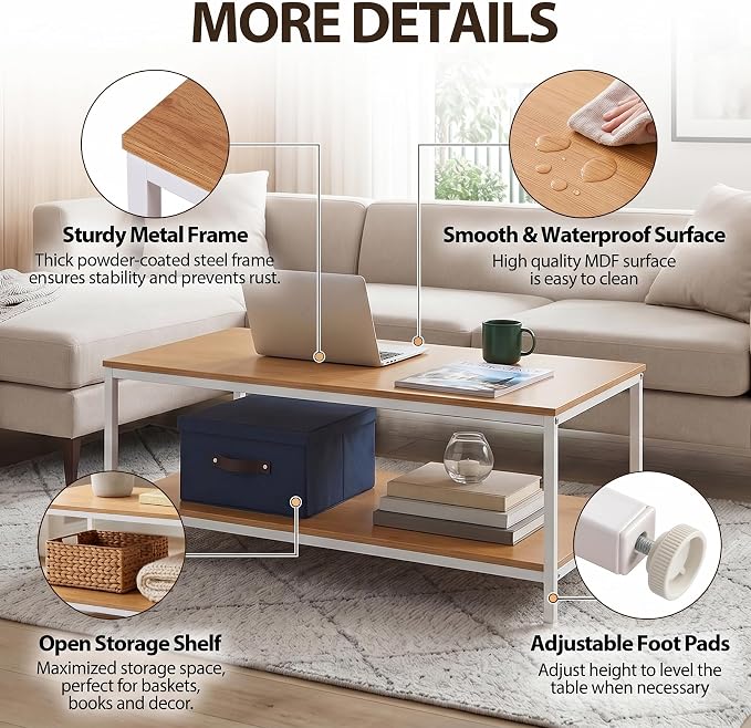 SUPER DEAL 2-Tier Coffee Table with Storage Shelf for Small Apartment Living Room, Rectangle Wood and Stable Metal TV Stand Side End Table, Natural Wood