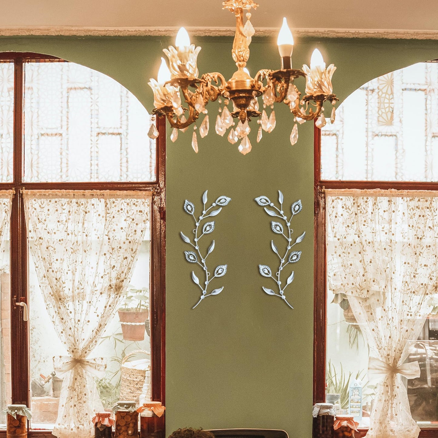 sxnzequnze 2 Sets Leaf Wall Art for Home Metal Bling Rhinestones Ready to Hang Tree Branch Leaves Olive Vine Wrought Iron Hanging Sculpture Pieces Wall Decor Pcs - 16.5in