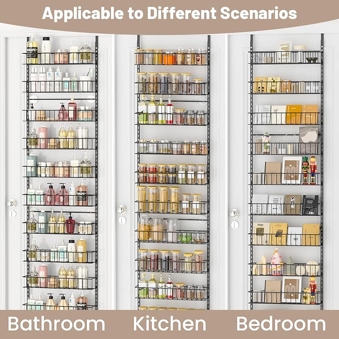 ElegantArray 10-Tier Pantry Door Oragnizer, Over The Door Pantry Organizer Rack and Storage, Hanging Spice Rack Shelves Door, Home Office Laundry Room Bathroom & Kitchen Organization, Black