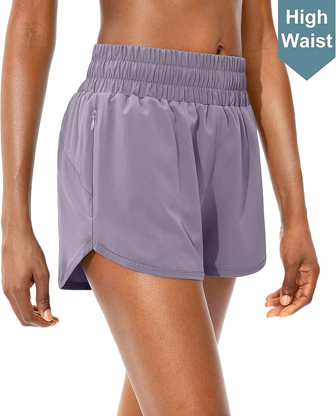 SANTINY Women's Running Shorts with Zip Pockets High Waisted Athletic Workout Gym Shorts for Women with Liner