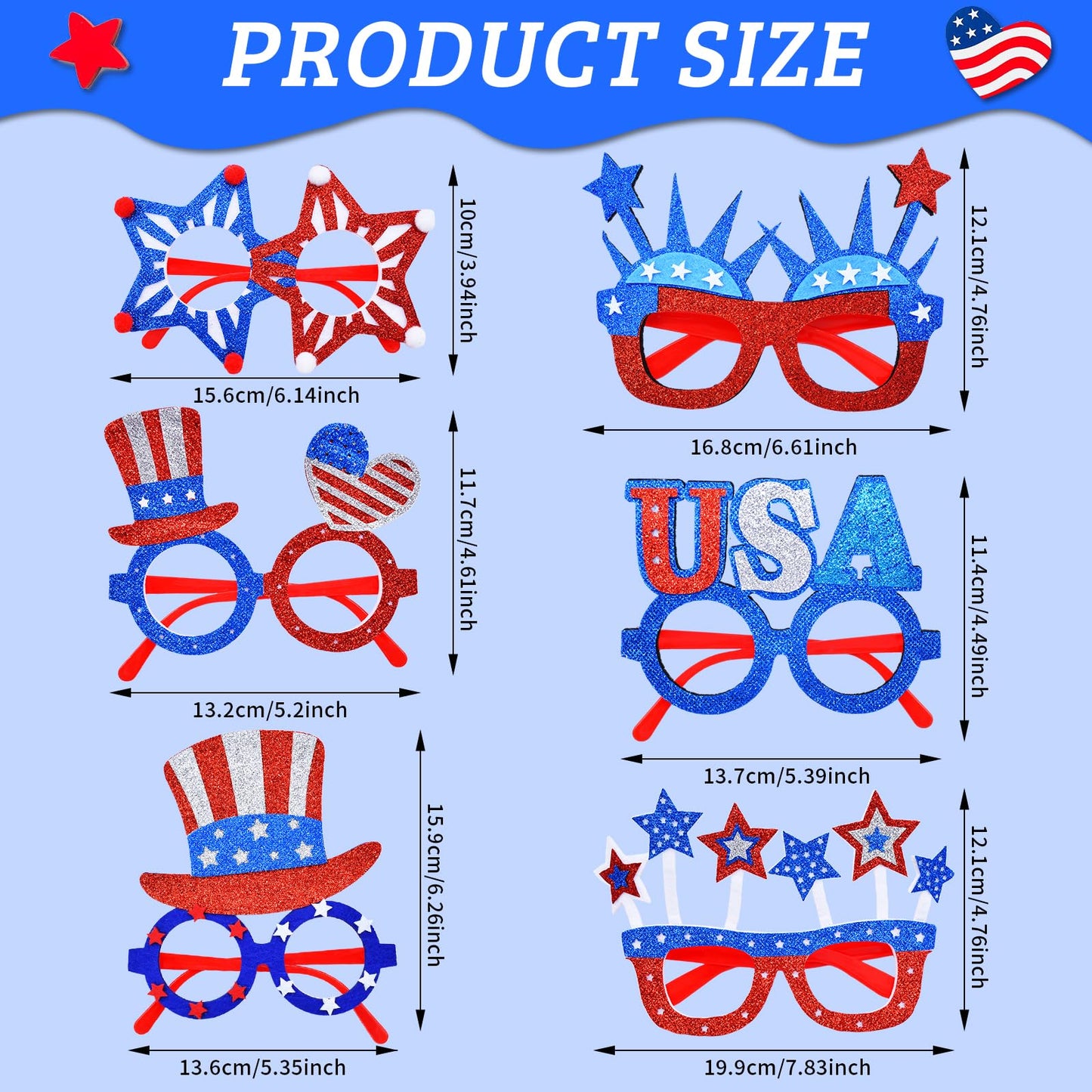Wobeny 6 Pcs 4th of July Glasses Party Decor, Glitter Party Sunglasses Frames Novelty Costume Eyeglasses Photo Props for Adults, Independence Day Decorations Fun Holiday Party Favors, Memorial Day