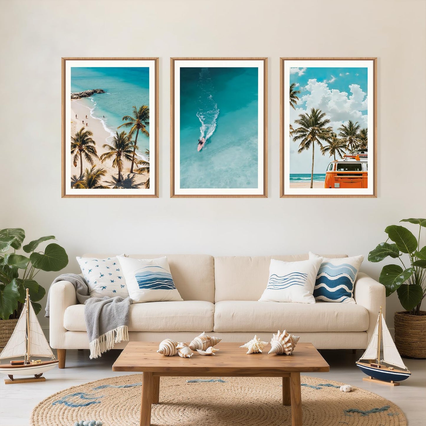 LHIUEM Large Nature Surfboard Beach Framed Canvas Wall Art,Summer Ocean Surfing Wall Decor,Palm Trees Wall Painting,Modern Picture Artwork for Living Room,Bedroom,Dining Room,Office -16"x24"x3