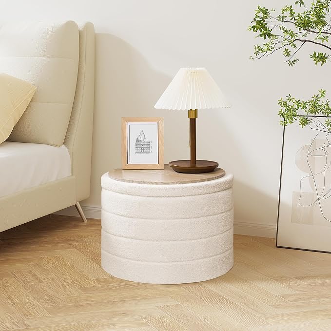 PINPLUS Round Ottoman with Stroage, Boucle Storage, Foot Stool Foldable Coffee Table Ottoman for Living Room, Bedroom, Dorm (White)