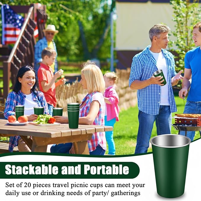 Mimorou 20 Pack 16 oz Stainless Steel Pint Cups Metal Cups Unbreakable Drinking Water Tumblers Stackable Tumbler for Adults Bar Home Restaurant Travel Picnic Camping Outdoor (Dark Green)