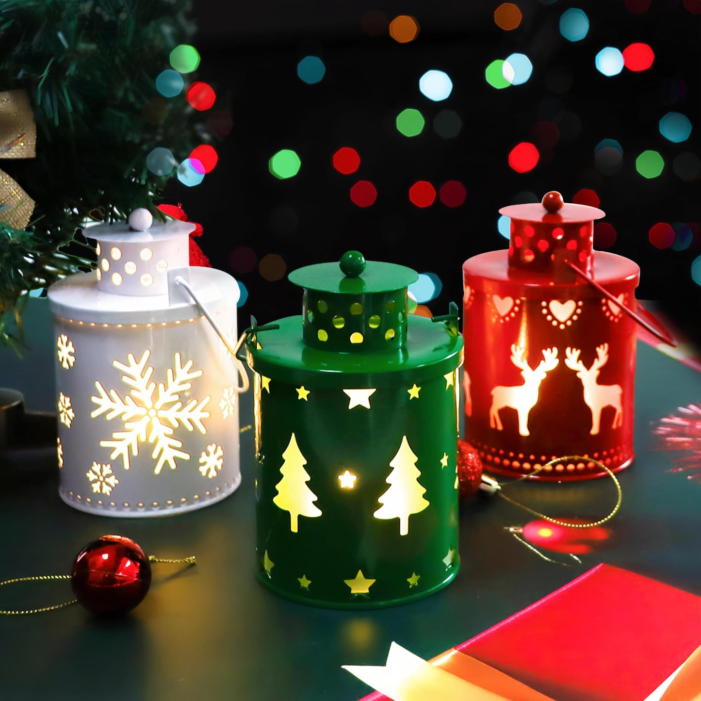 YBB 3 Pack Christmas Decorative Lantern Lights, Flameless Battery Operated Hanging Metal LED Candles Lanterns for Christmas Centerpiece Table Indoor Outdoor Party Decoration