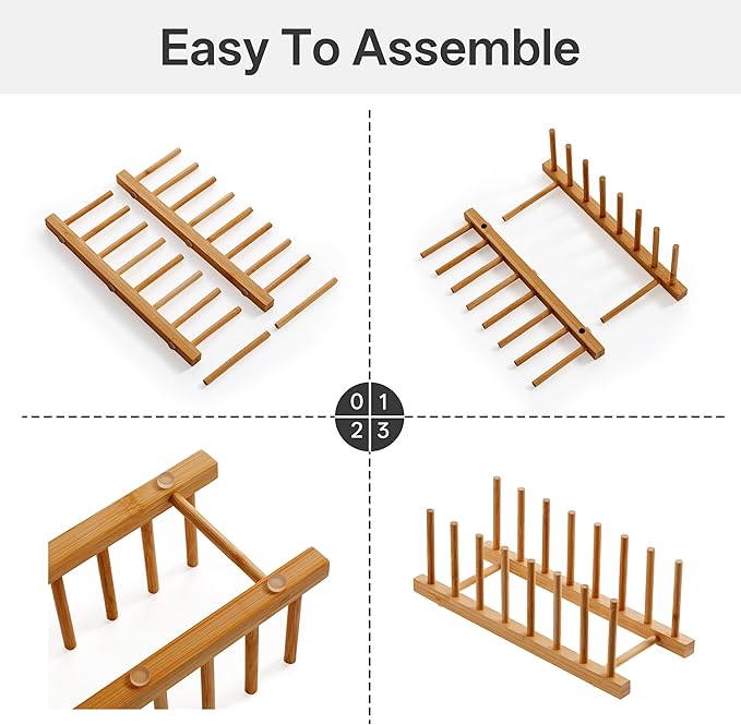 HBlife 2-Pack Bamboo Wooden Dish Rack Holder Space-Saving Vertical Organizer for Plates, Cups, Pots, Lids, Bowls & Cutting Boards Kitchen Cabinet & Counter Storage